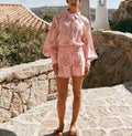 Pink Shirt Suit For Women 2025 Summer Australian Holiday Style Fashion Trend Embroidery Hollow Top With Belt Shorts