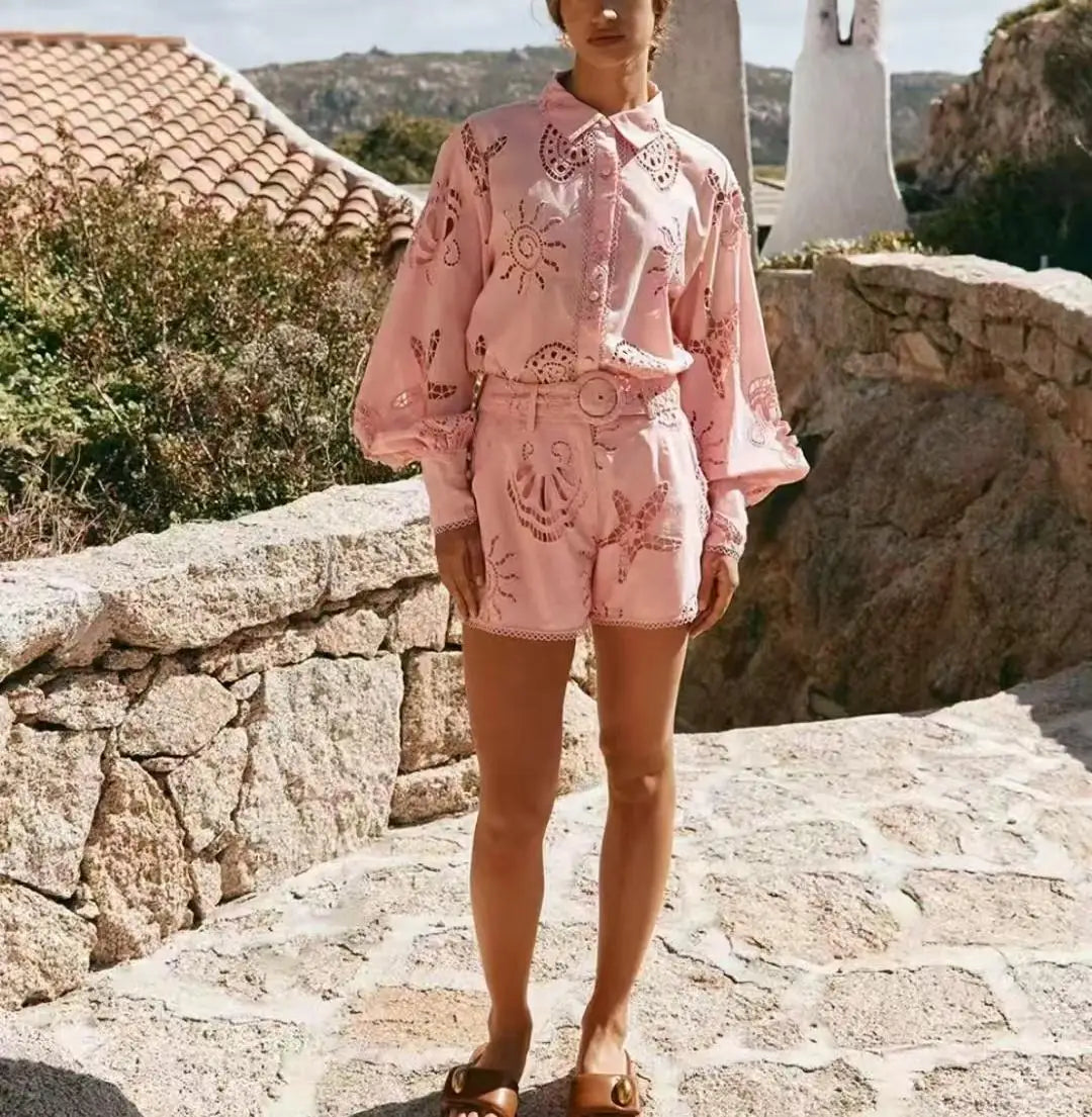 Pink Shirt Suit For Women 2025 Summer Australian Holiday Style Fashion Trend Embroidery Hollow Top With Belt Shorts