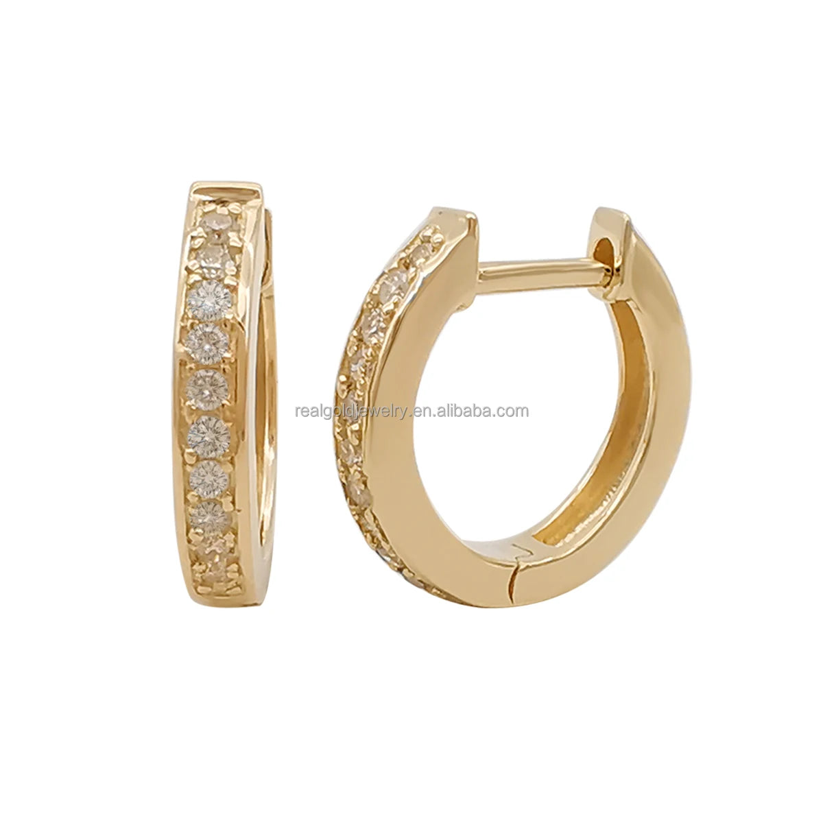 Earring Hoop in Real 14k Gold Circular Genuine 14K Gold Diamonds Huggie Hoop Earrings