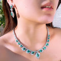 Chic White and Green Cubic Zirconia Feather Shape Necklace and Earrings Wedding Brides Banquet Luxurious Jewelry Set for Women