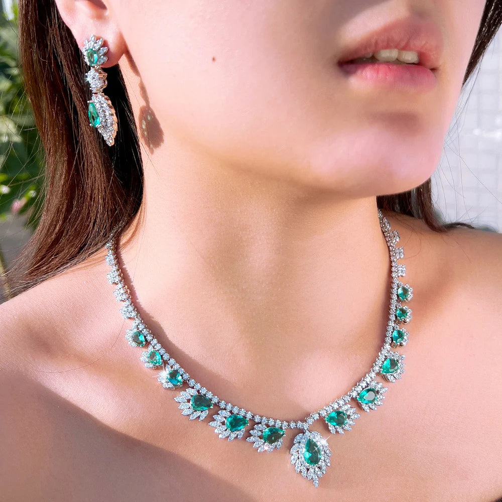 Chic White and Green Cubic Zirconia Feather Shape Necklace and Earrings Wedding Brides Banquet Luxurious Jewelry Set for Women