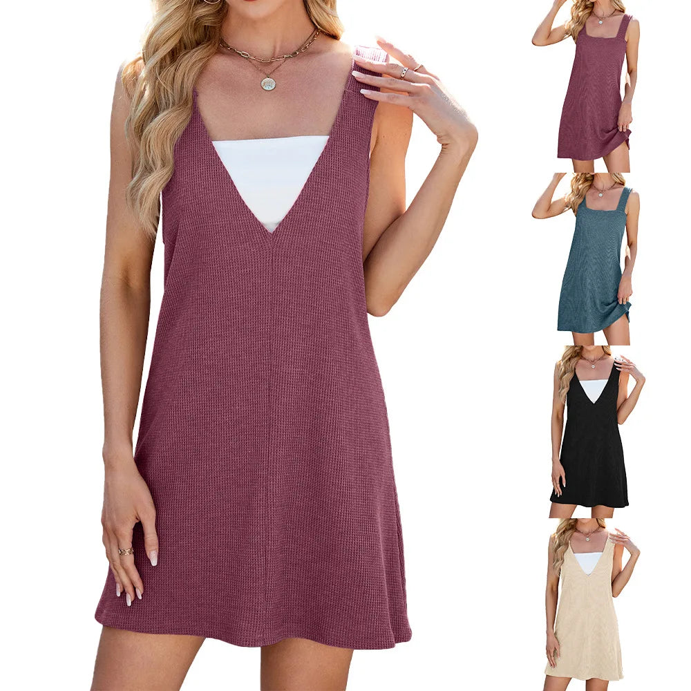 2025 Trending Product Causal Dress Solid V-neck square Neck Reversible Sleeveless Fashion Loose Causal Dress