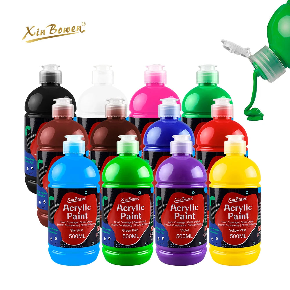 Xin Bowen 500ML Acrylic Paint 12 Colors High Coverage Capacity Pigment for Artist Art Painting Acrylic Color Paint Set