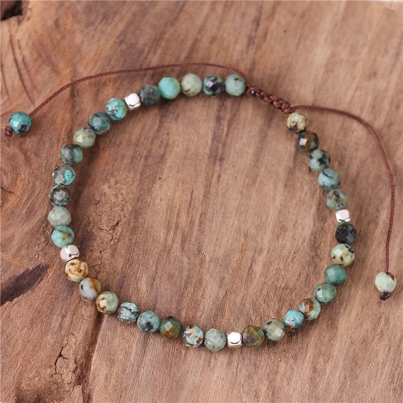 Minimalist Natural Stone 4mm African Turquoise Beads Bracelet for Women Tibetan Adjustable Gemstone Bracelet