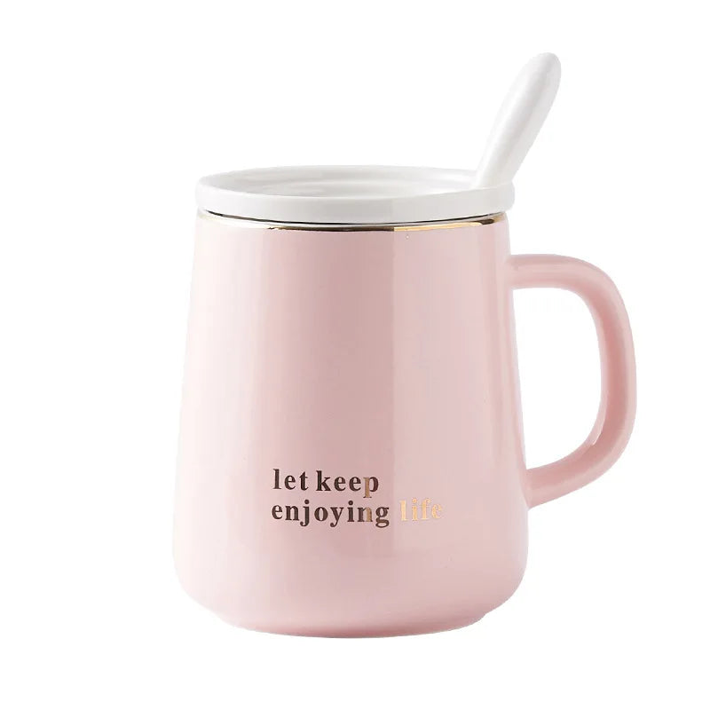 New Style 400ml Pink Custom Logo Ceramic Coffee Cup with Spoon for Afternoon Tea