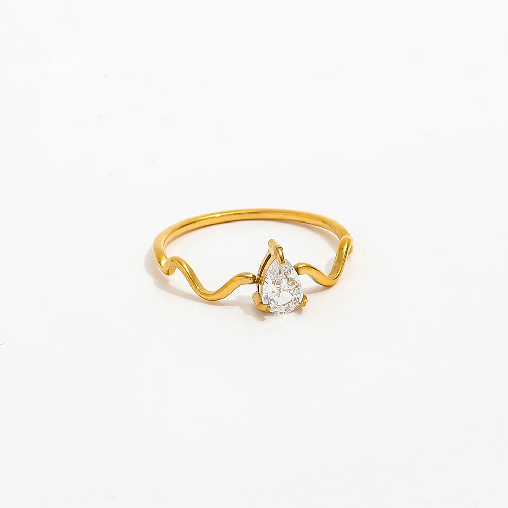 Joolim Jewelry 18K Gold Plated Stainless Steel Teardrop Zirconia Shiny Waved  Lines Rings for Women