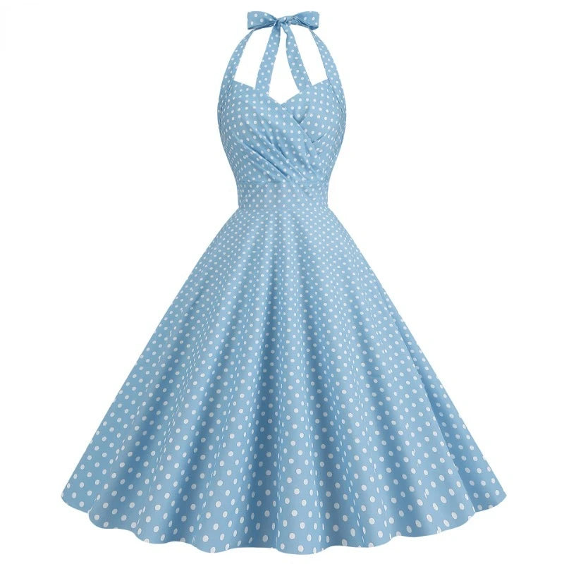 Elegant Polka Dot Party Dress Women Summer Halter High Waist 50s 60s Vintage Fit and Flare Backless Retro Dresses