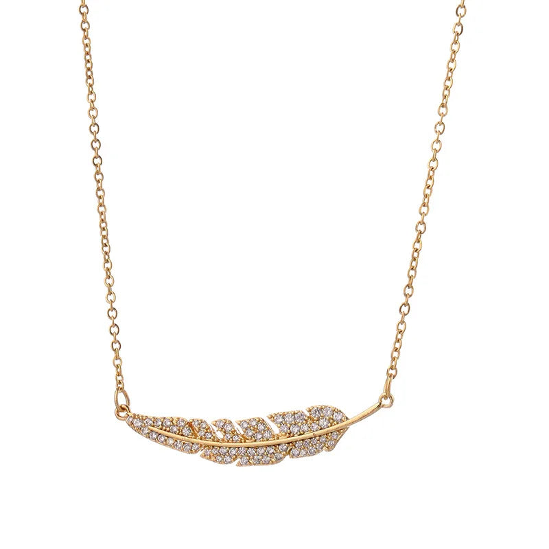 Leaf With Diamonds Titanium Steel Necklace Women Simple Crystal Rhinestones Leaf Jewelry Ornament Gold Stainless Steel Necklace