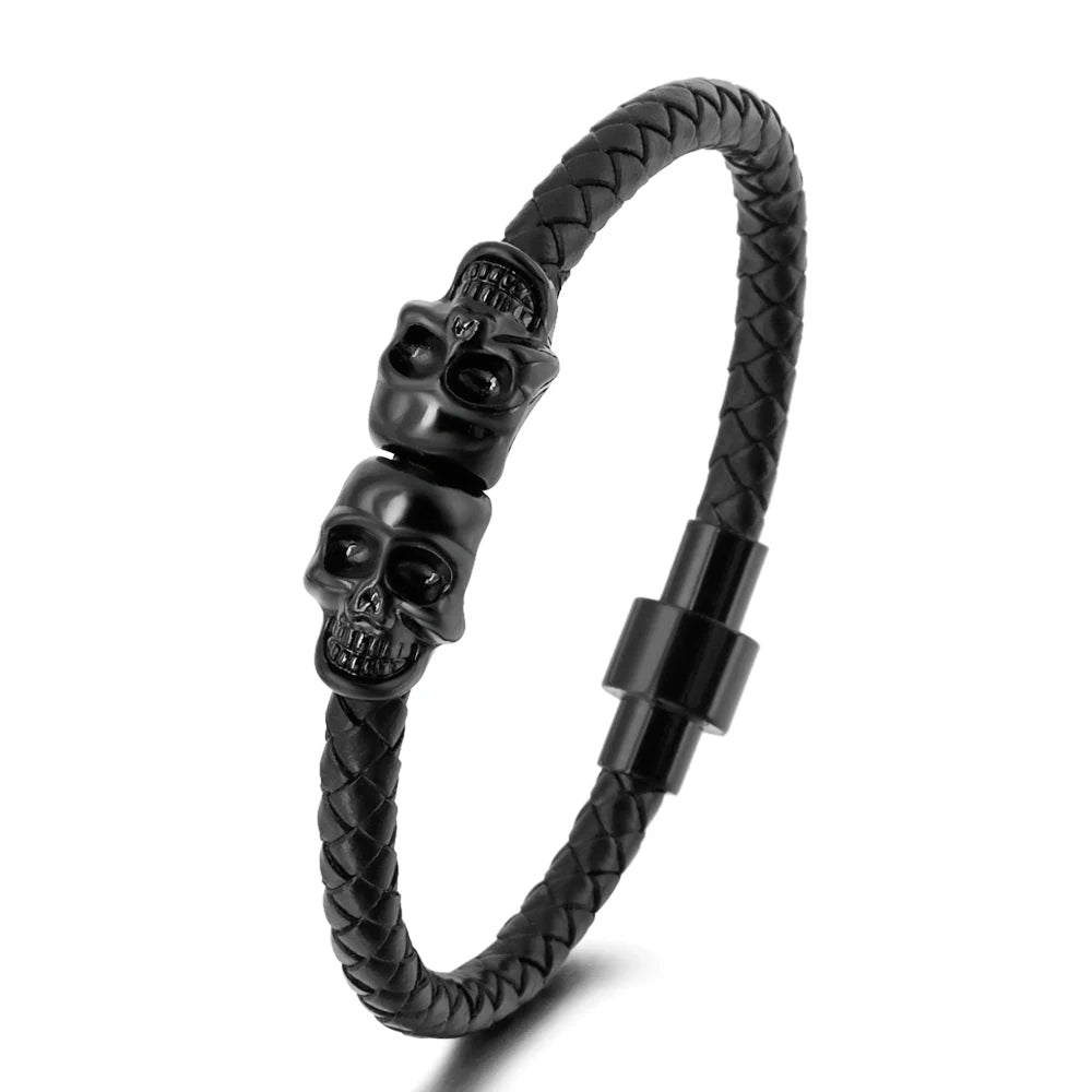 Punk style men's leather bracelet black skull leather bracelet