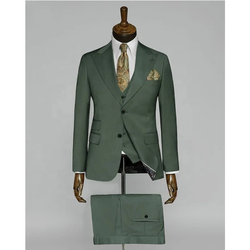 2025 Luxury Solid Green Color 3 Piece Men's Wedding Suit Fashion Men Slim Business Office Suit Sets Men Blazer+ Pants + Vest
