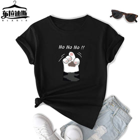 Summer New Casual Loose Breathable Eco-Friendly Quick Dry Anti-Wrinkle Short Sleeve Logo Animal Cartoon Cat Print Women T-Shirt