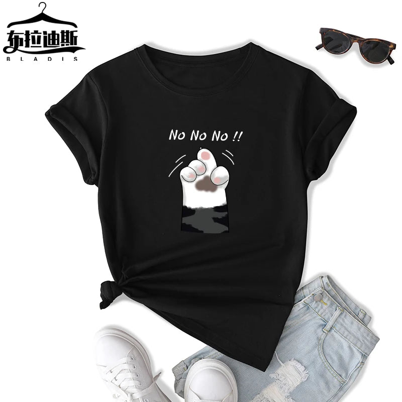 Summer New Casual Loose Breathable Eco-Friendly Quick Dry Anti-Wrinkle Short Sleeve Logo Animal Cartoon Cat Print Women T-Shirt