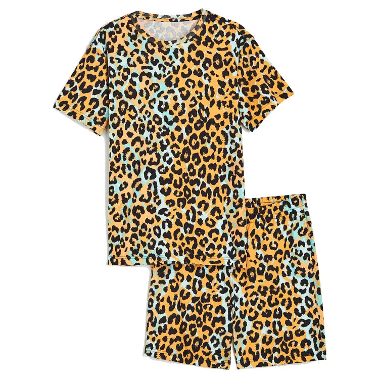 Factory Direct Supply Women's Autumn/Spring Loose Soft Short Sleeve Leopard Print Two-Piece Sleepwear Pajamas Set