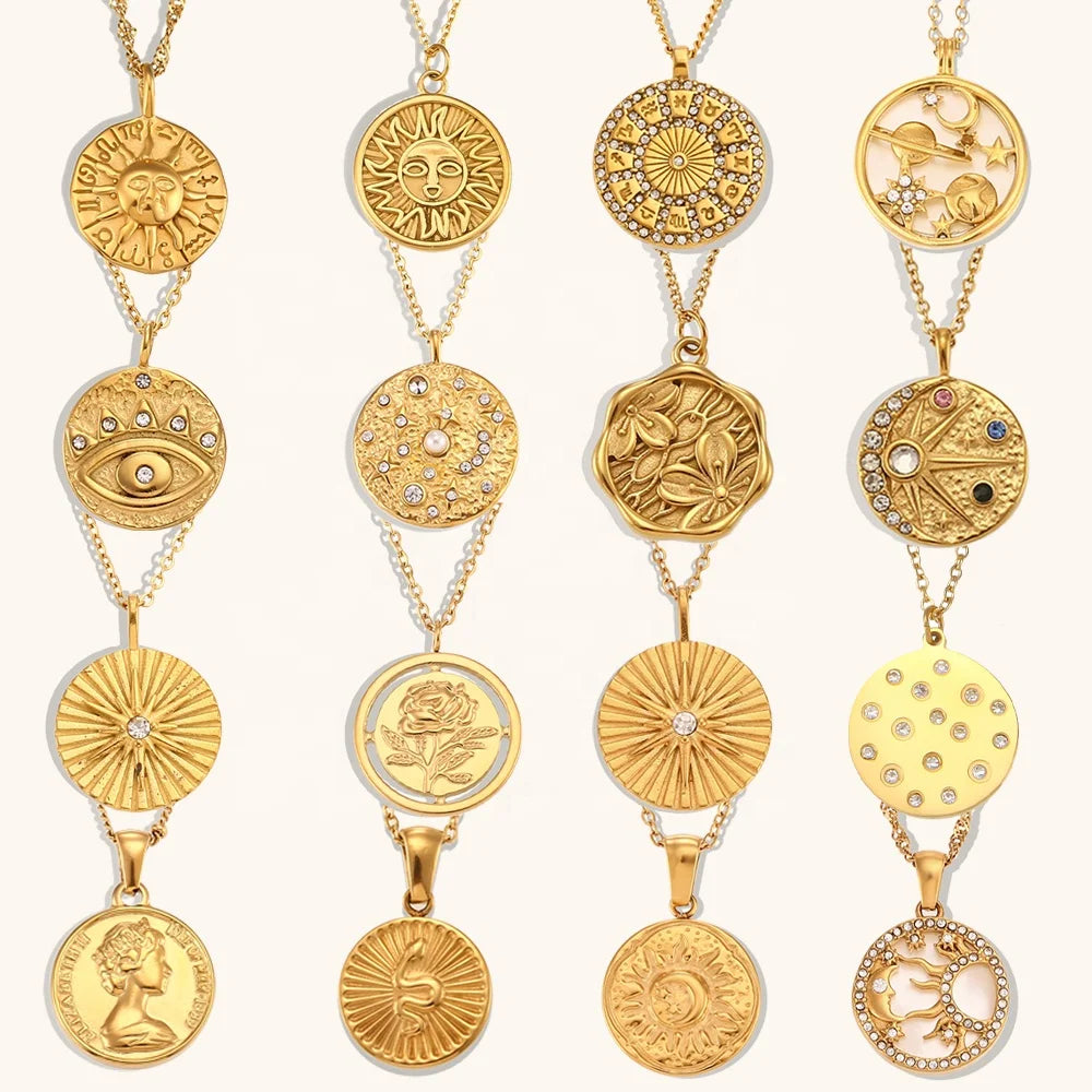 Dingran 2025 Waterproof Stainless Steel Jewelry Set Tarnish Free Gold Plated Coin Pendant Necklace Set