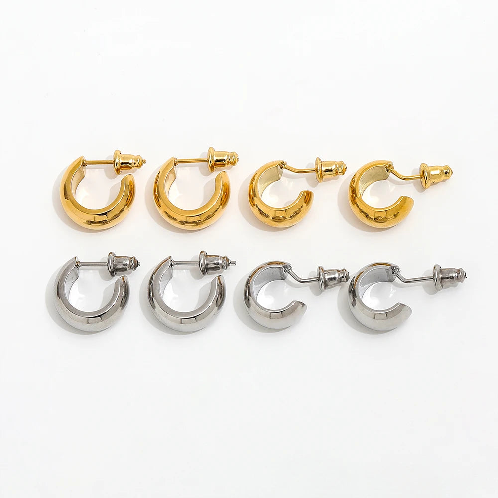 JOOLIM  High End 18K Gold Plated Shiny Basic  Surface C Chunky Hoop Earrings Jewelry Stainless Steel for Women
