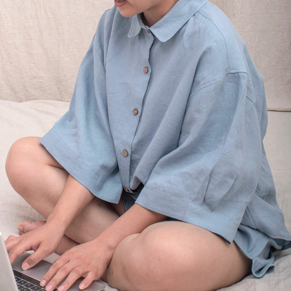 Custom Summer New Design Bule Short Oversize Woman Plain Solid Organic  Pure 100% Linen Pajama Set
