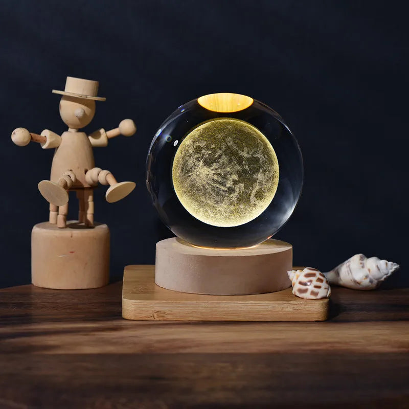 Hot Sale Custom 60mm 3D Laser Engraved Crystal Galaxy Ball with Warm Wooden Led Light Base