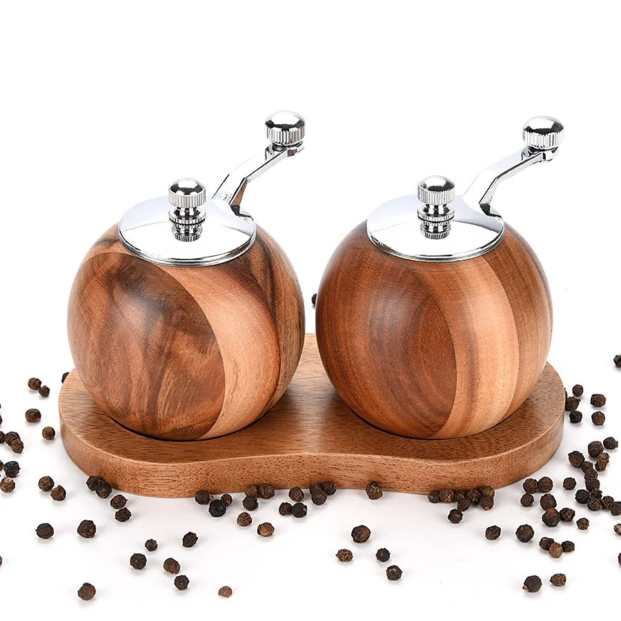 Elegant 2-Piece Wood Spice Grinder Set Sphere Shape Salt and Pepper Shakers with Ceramic Corer for Home Kitchen Use