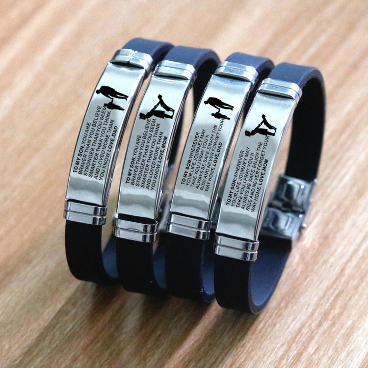 To My Son Customized Handmade Silicone Stainless Steel ID Laser Lettering Engraved Logo Gift Bracelet
