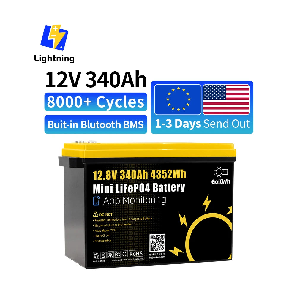 GoKWh EU Stock 12V 340Ah 8000 Cycle US Mini 320Ah 280Ah 200Ah 100Ah 24V LiFePO4 LFP for Camping Car RV Boat Solar Battery System