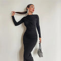 Enyami Minimalist Chic Urban Elegant Office Leisure Knitted Slim Fit Long Sleeve Pleated Loose Casual Maxi Women Dress