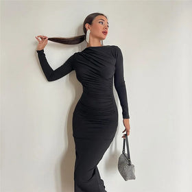 Enyami Minimalist Chic Urban Elegant Office Leisure Knitted Slim Fit Long Sleeve Pleated Loose Casual Maxi Women Dress