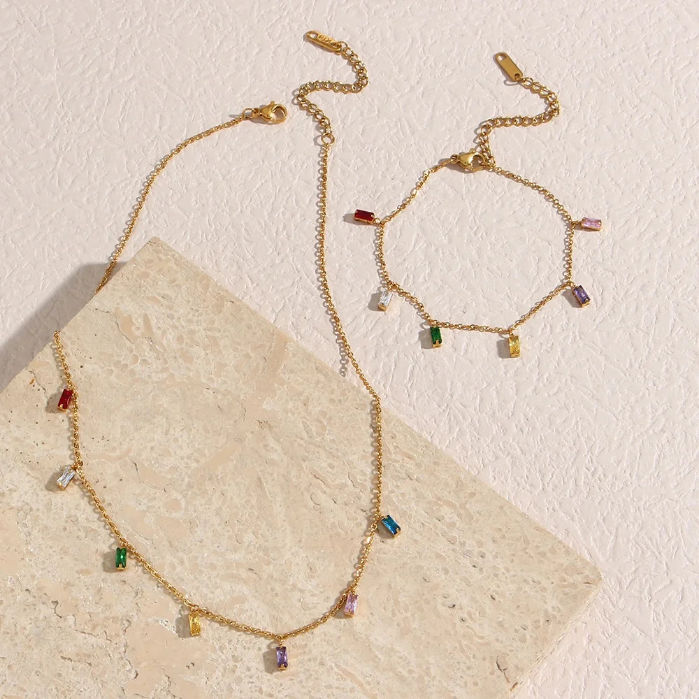 Drop Ship Crystal Colorful Zircon Charm Chain Necklace 18K Gold Plated Stainless Steel Choker Necklace