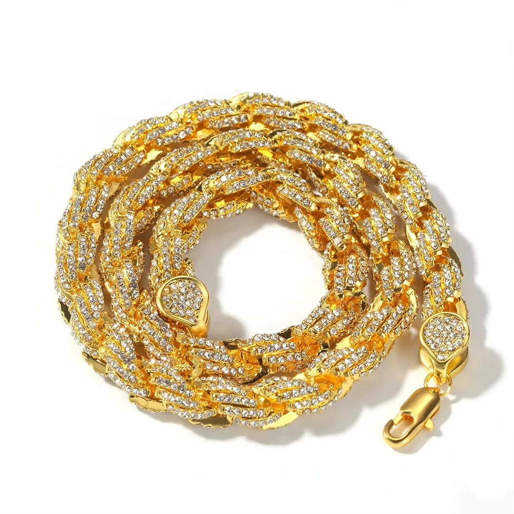 9MM Thick Choker Rope Chain Twisted Crystal Solid Gold Rope Chain 18K Plated Mens Iced Out Cz Diamond Rope Chain Necklace