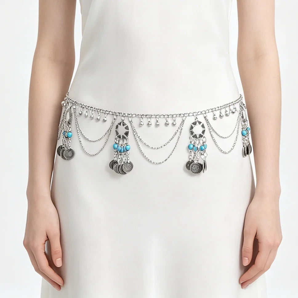 Bohemian Chains Coin Tassel Women Belt Blue Resin Beads Body Chain Jewelry Statement Vintage Acrylic Waist Chains