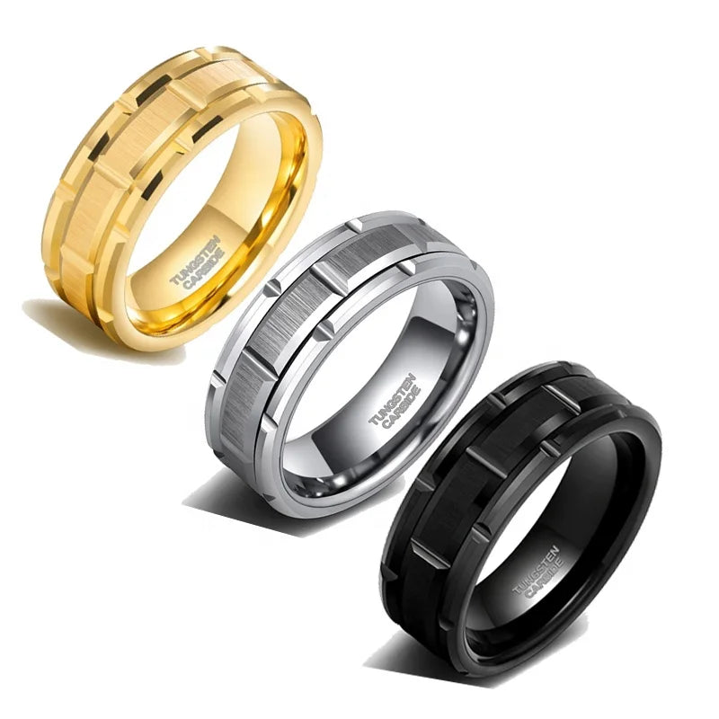 POYA Wholesale 8mm Brick Pattern Tungsten Ring Silver Gold Black Matt Finished Mens Wedding Band