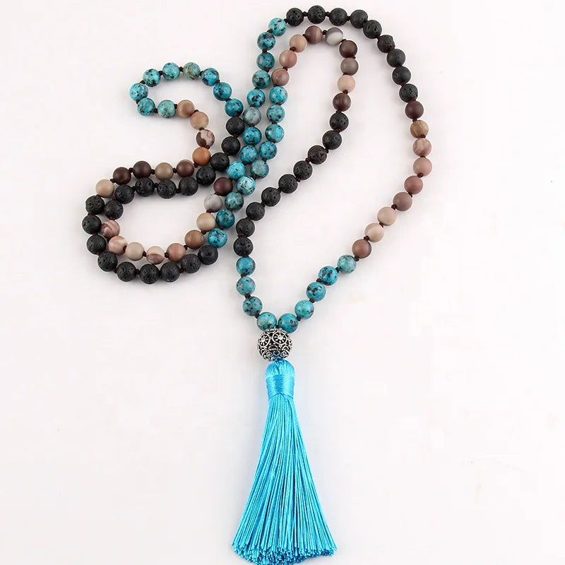 Women Natural Gemstone Aqua Lava Zebra Knotted Tassel Yoga Necklace 108 Mala Necklace