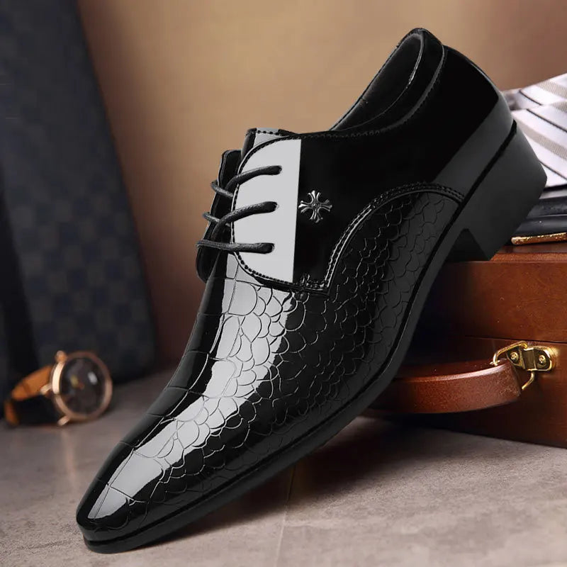Men's PU Leather Formal Shoes Bright Leather Wedding Shoes Casual Lace up Shoes