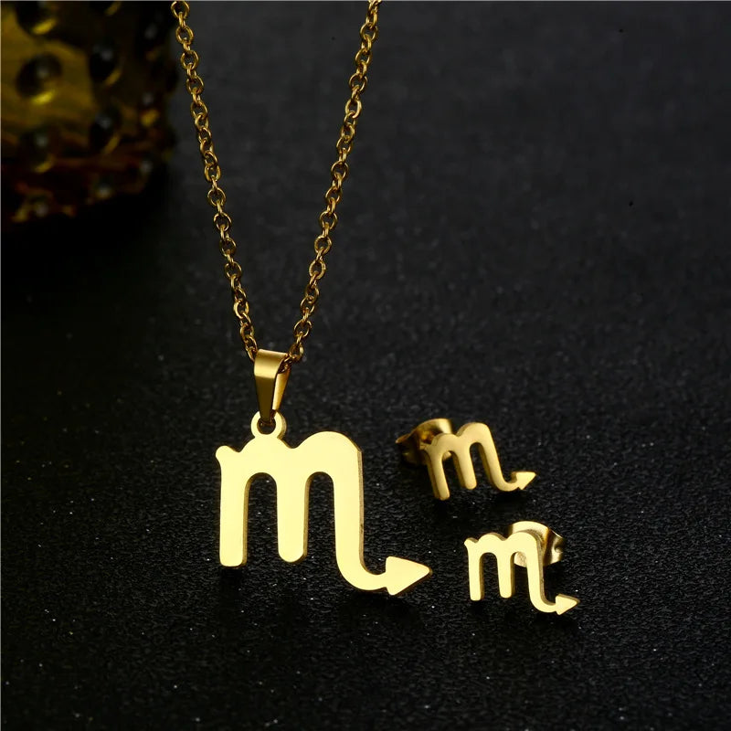 Fashion 18K Gold Plated Stainless Steel Charm Astrology Women Horoscope 12 Zodiac Sign Earring Necklace Jewelry Set