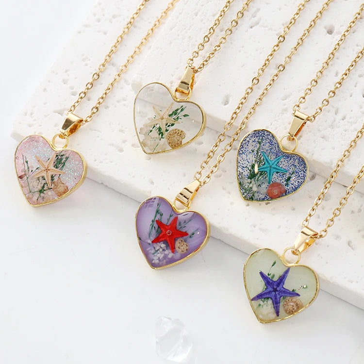 Handmade Jewelry Heart Shape Starfish Charm Pendant Necklace for Women Resin Beads Necklace for Travel Souvenir Best Friend Gift