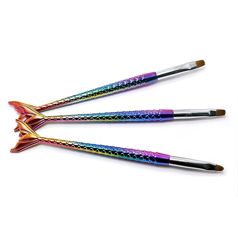 Socheal High Quality 3pcs Mermaid Handle Nylon Hair Poly Gel Brush Oval Nylon Nail Brush Set