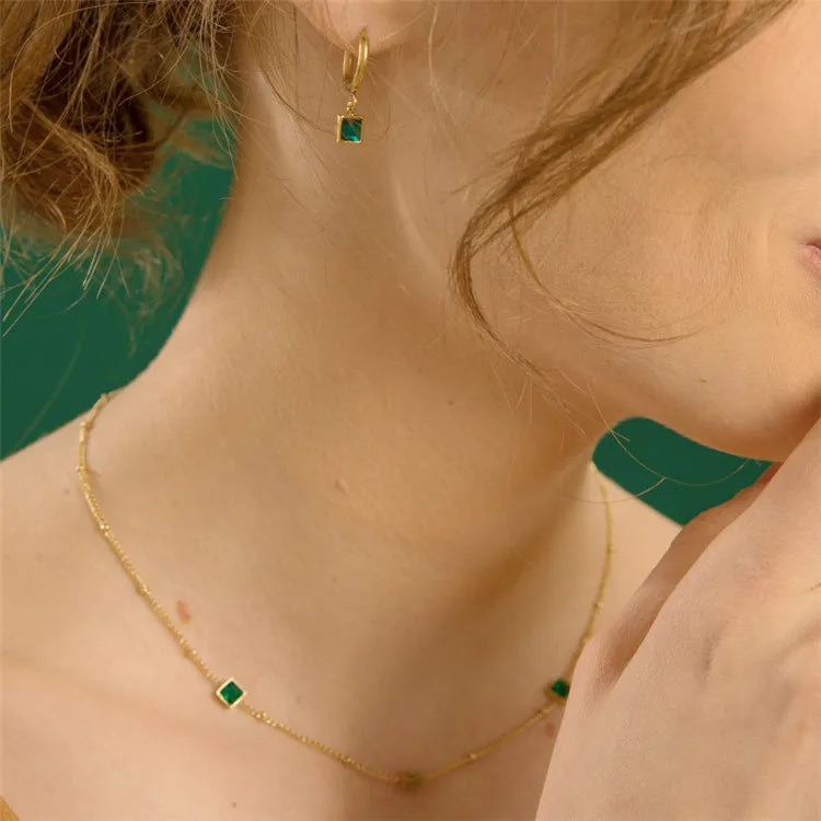 SP INS Good Quality Stainless Steel 18K Gold Colored Green Zircon Choker Necklace