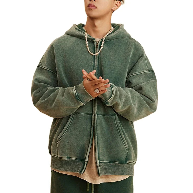 Work Wear Zip up Jacket Vintage Wash Hoodie French Terry Acid Washed Cropped Hoodie Blank