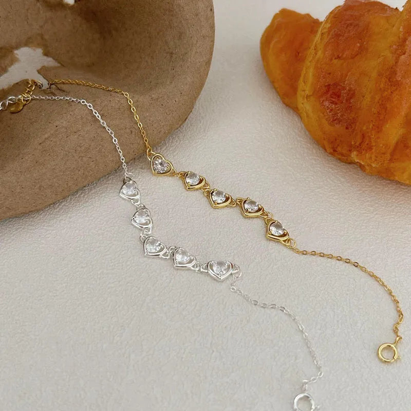 Vintage 925 Sterling Silver Luxury Heart Shape Zircon Wedding Charm Bracelet for Women