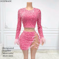 Ocstrade Para Mujeres Sparkly Sequined 2 Pieces Fashion Set Long Sleeve Top With Feather Mesh Patchwork Sexy Mini Skirt Set