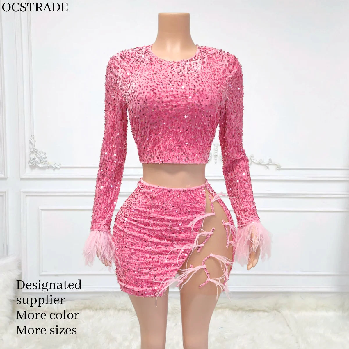 Ocstrade Para Mujeres Sparkly Sequined 2 Pieces Fashion Set Long Sleeve Top With Feather Mesh Patchwork Sexy Mini Skirt Set