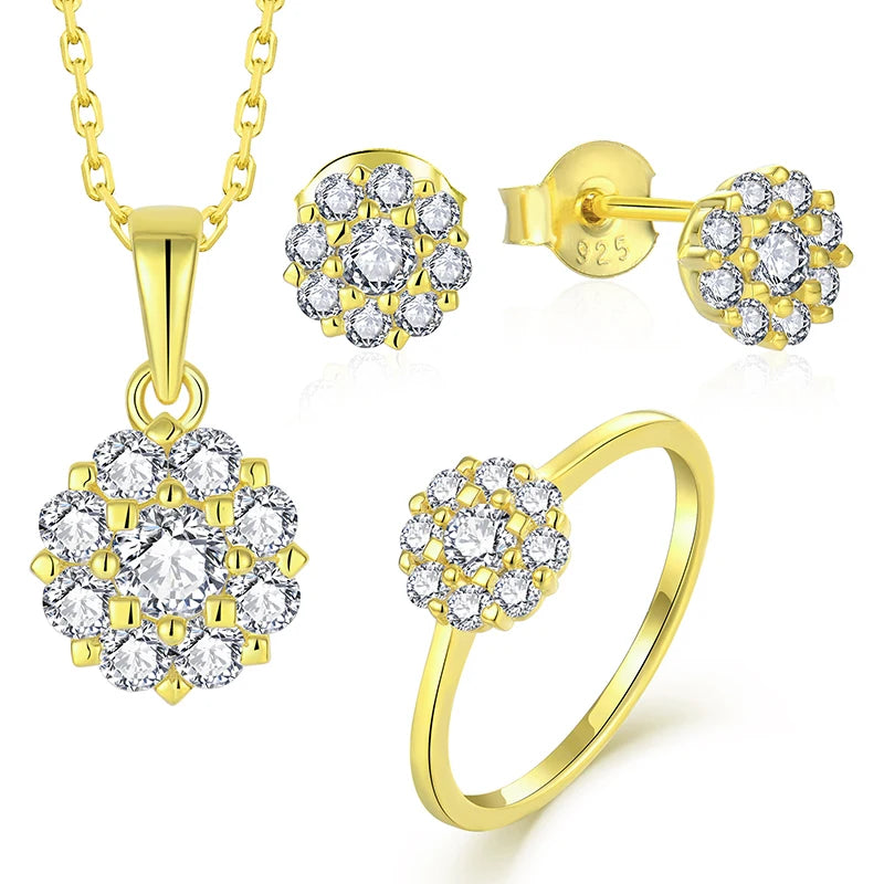 925 Sterling Silver Women's Flower Jewelry Set Gold Plated Cute Ring Earrings Necklace Custom Stone with Zircon for Gift