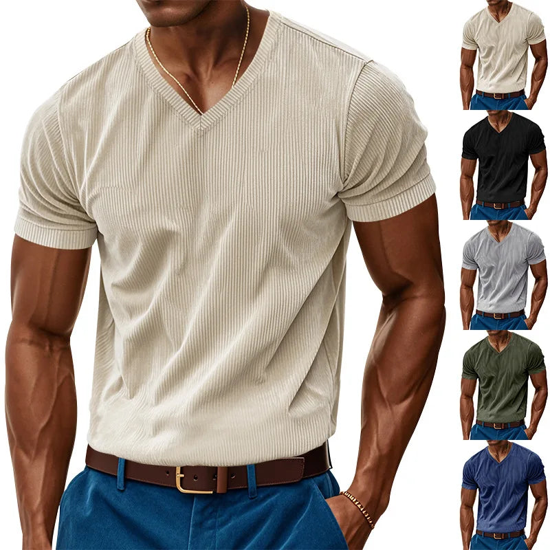 Summer Trendy Breathable Loose Casual Style Corduroy Short Sleeve Solid V-Neck Men's T-Shirt