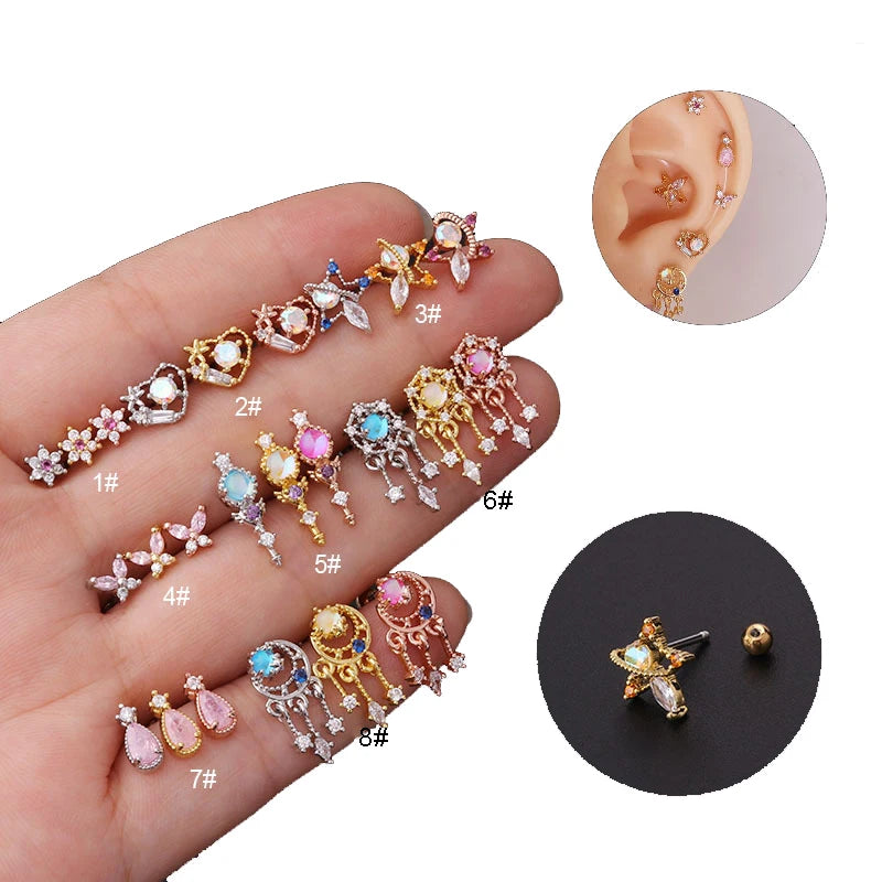 Ear Bone Studs Inlaid Colorful Zircon Screwball Stainless Steel Needle Cubic Zirconia Stud Piercing Earrings