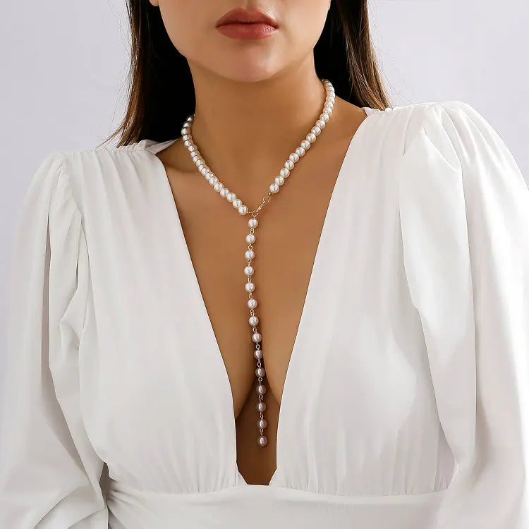 Vintage Gold-Plated Resin Imitation Pearl Beads Long Tassel Choker Necklace with Link Chain Trendy Style for Women