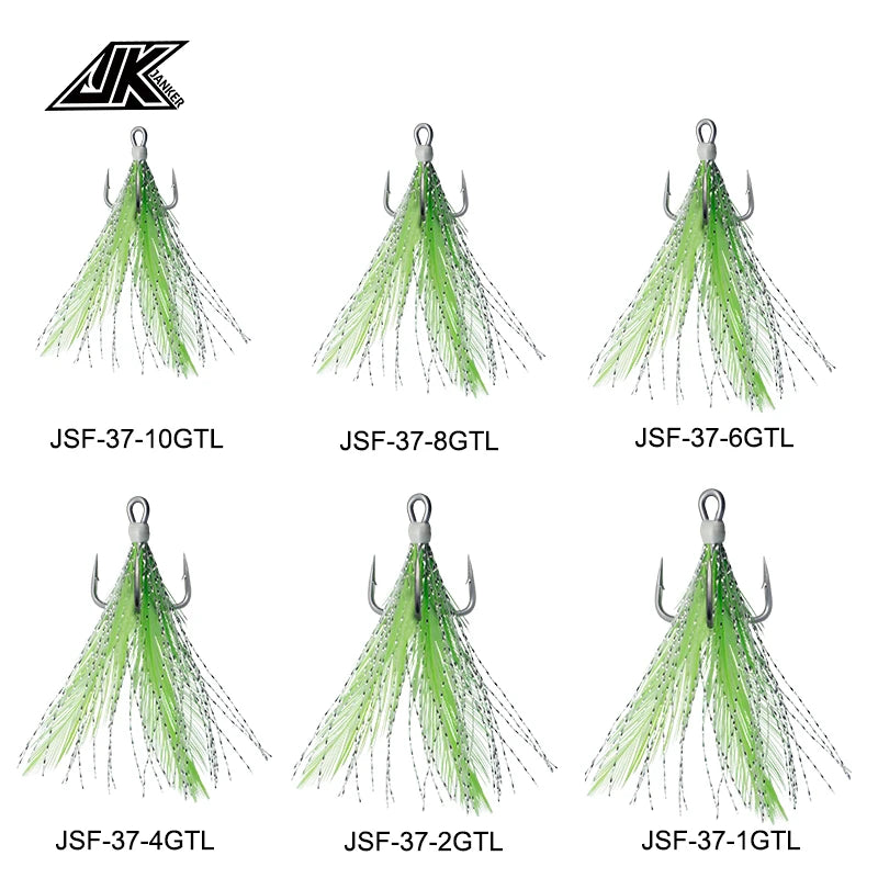 JK JSF-37-GTL High Carbon Steel 3X Strong Treble Hooks with Feather Barbs Anchor Luminous Fishing Hooks
