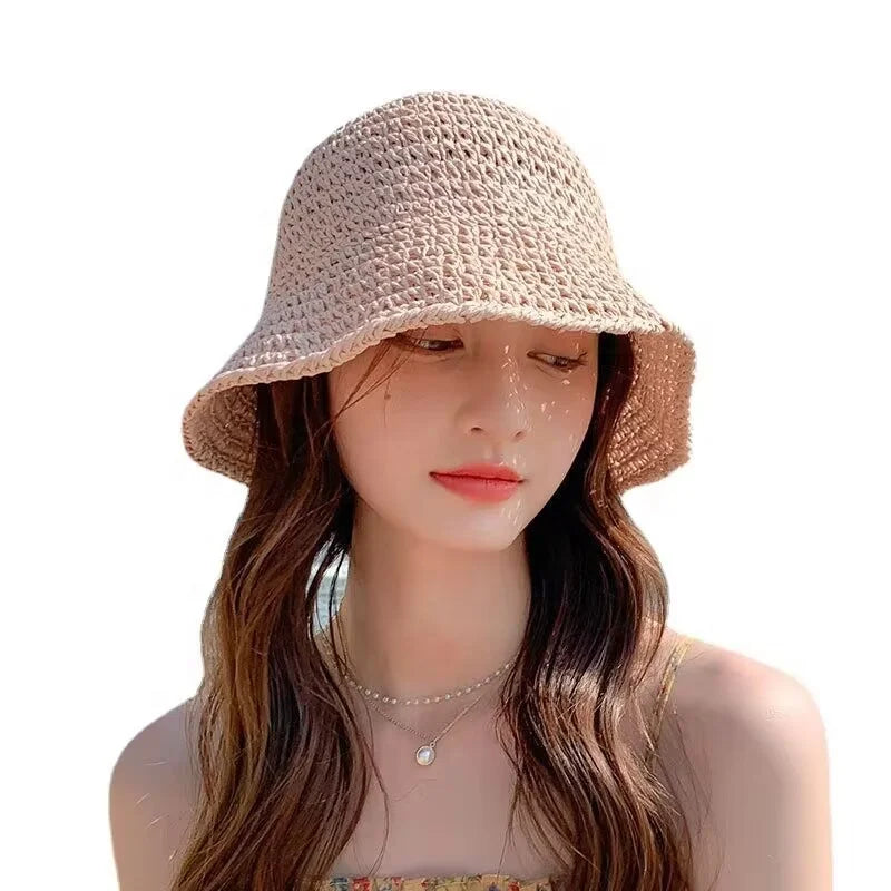Women's Summer Straw Sun Hat Woven Fishing Bucket Hat Foldable Solid Color Straw Beach Hat