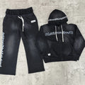Custom Distressed Vintage Sweatpants and Hoodie Set Cropped Black Acid Wash Oversized Boxy Heavyweight Rhinestone Outfit