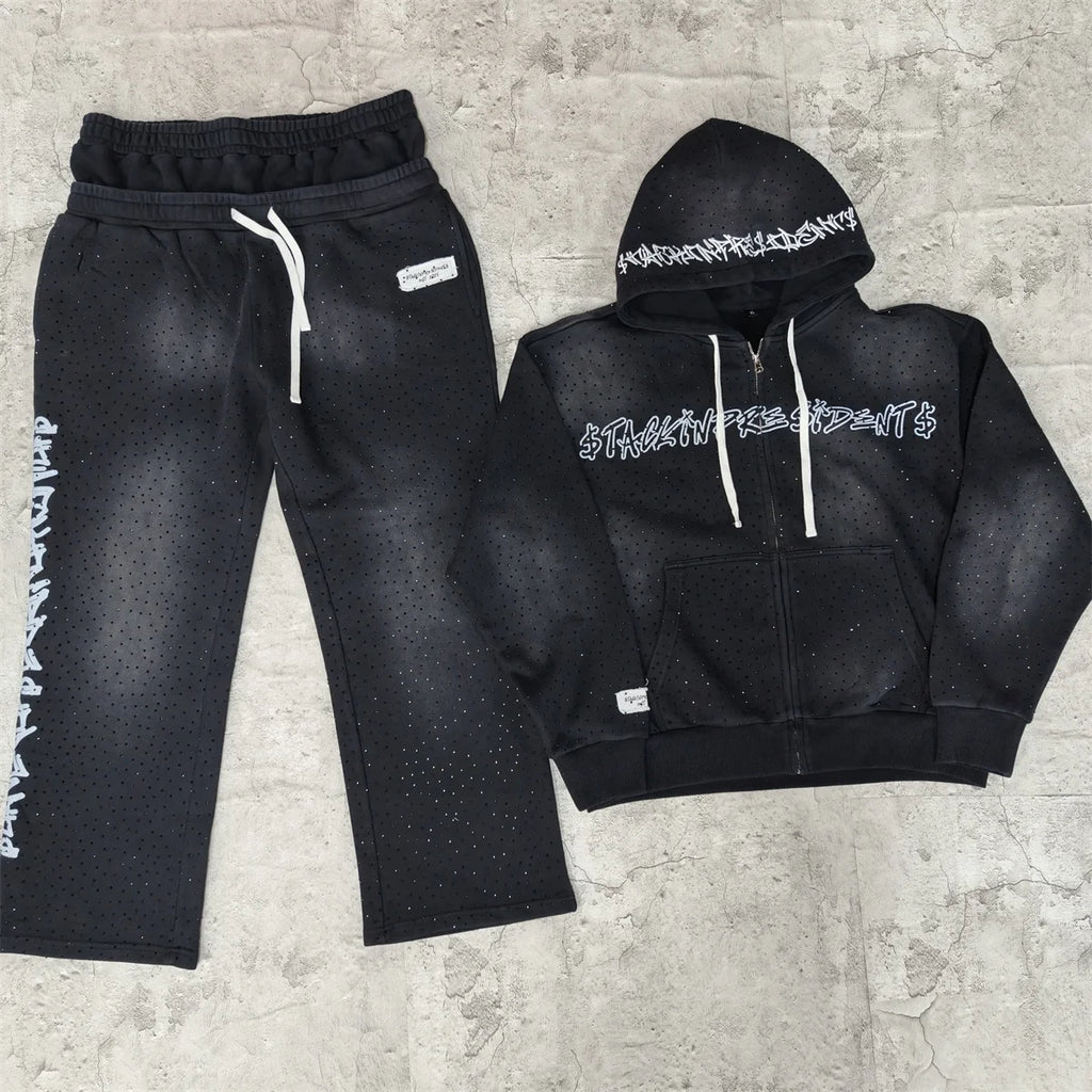 Custom Distressed Vintage Sweatpants and Hoodie Set Cropped Black Acid Wash Oversized Boxy Heavyweight Rhinestone Outfit