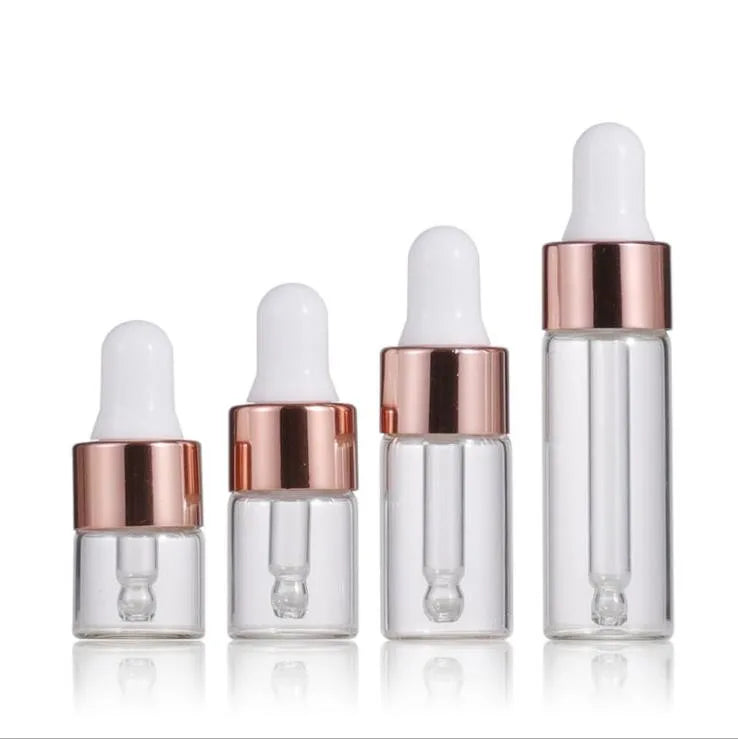 In Stock 1ml 2ml 3ml 5ml Clear/frosted Glass Dropper Vials/bottles With Rose Gold Dropper  for Sample Essential Oil/cosmetics