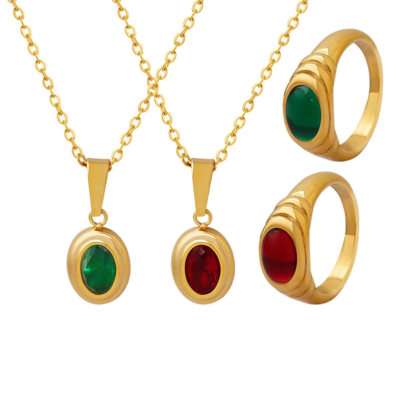 Factory Red Green Crystal Retro Collar Necklace Girl's Stainless Steel Zircon Ring Jewelry Sets